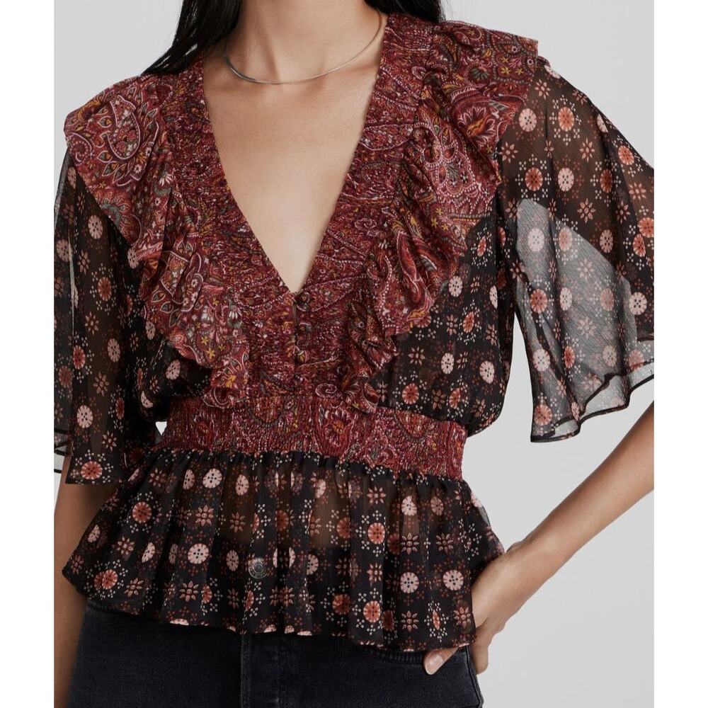 $295 MISA Women's Red Paisley Print Deep V-Neck Blouse Top Size XS